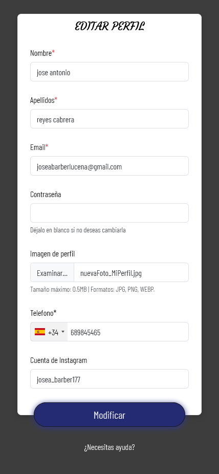 pagina editar perfil para modificar los campos
