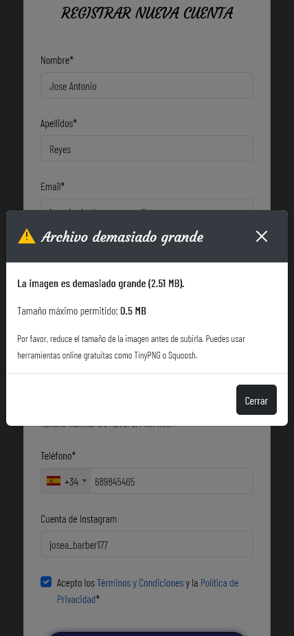 hemos subido una imagen con tamaño superior al permitido